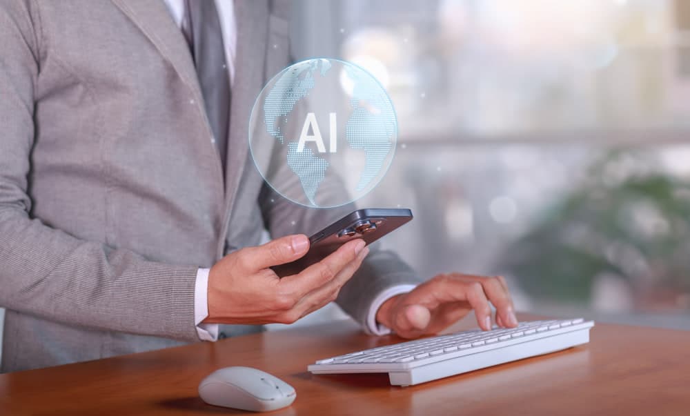 Professional holding a phone with an AI interface overlay