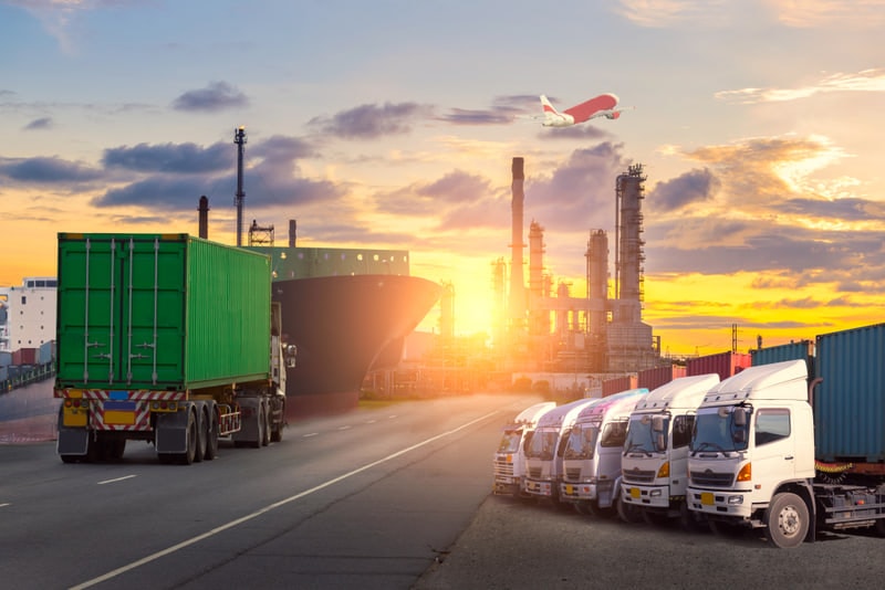Freight trucks at a distribution terminal